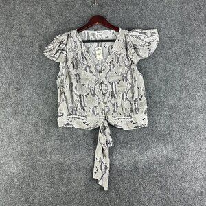 Express Top Womens Small Blouse Button Up Tie Hem Crop Gray Animal Print New